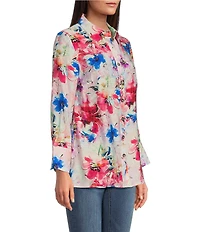 Calessa Petite Size Textured Crinkle Antique Abstract Print Point Collar Long Sleeve Button Front Blouse