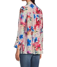 Calessa Petite Size Textured Crinkle Antique Abstract Print Point Collar Long Sleeve Button Front Blouse