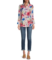 Calessa Petite Size Textured Crinkle Antique Abstract Print Point Collar Long Sleeve Button Front Blouse
