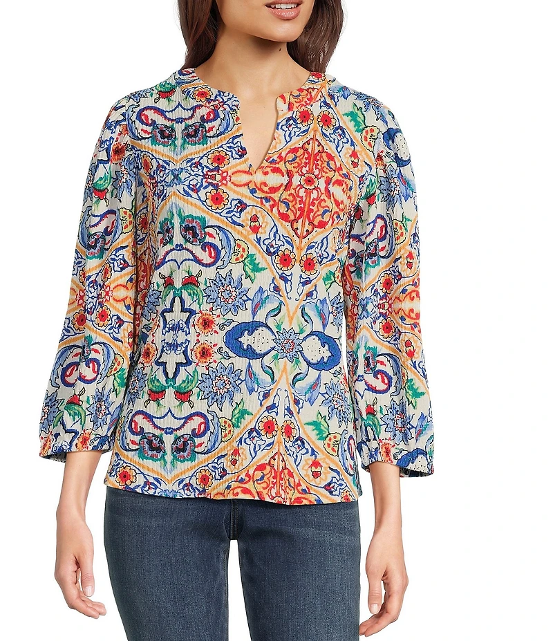 Calessa Petite Size Textured Crinkle Knit Florentine Mosaic Print Banded Split V-Neck Long Balloon Sleeve Tunic