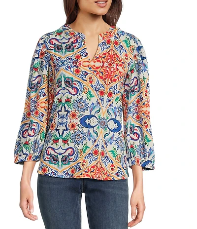 Calessa Petite Size Textured Crinkle Knit Florentine Mosaic Print Banded Split V-Neck Long Balloon Sleeve Tunic