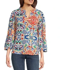 Calessa Petite Size Textured Crinkle Knit Florentine Mosaic Print Banded Split V-Neck Long Balloon Sleeve Tunic