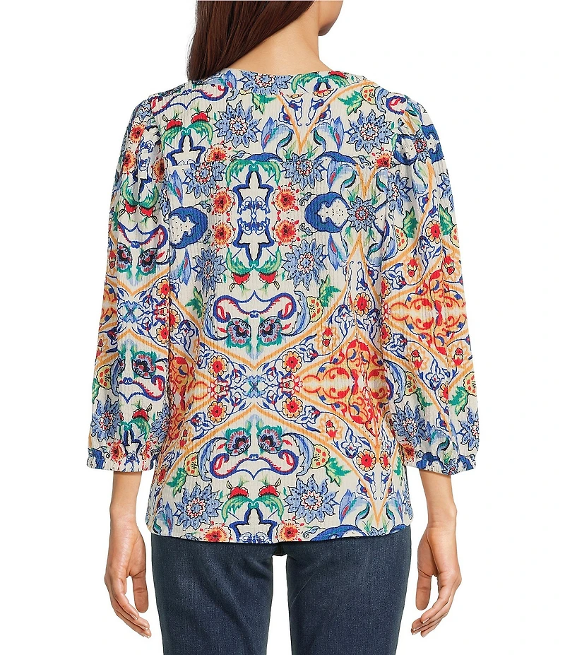 Calessa Petite Size Textured Crinkle Knit Florentine Mosaic Print Banded Split V-Neck Long Balloon Sleeve Tunic