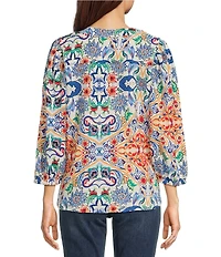 Calessa Petite Size Textured Crinkle Knit Florentine Mosaic Print Banded Split V-Neck Long Balloon Sleeve Tunic