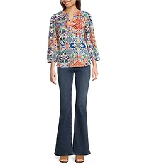 Calessa Petite Size Textured Crinkle Knit Florentine Mosaic Print Banded Split V-Neck Long Balloon Sleeve Tunic
