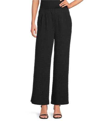 Calessa Petite Size Textured Crinkle Knit Wide Leg Pull-On Pants