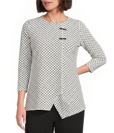 Calessa Petite Size Textured Knit Geometric Print Round Neck 3/4 Sleeve Asymmetric Tunic