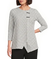 Calessa Petite Size Textured Knit Geometric Print Round Neck 3/4 Sleeve Asymmetric Tunic