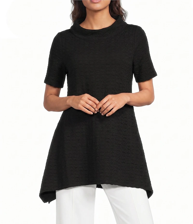 Calessa Petite Size Textured Knit Mock Neck Short Sleeve Asymmetric Tunic