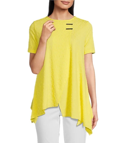 Calessa Petite Size Textured Knit Scoop Neck Short Sleeve Asymmetric Hem Tunic