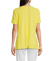 Calessa Petite Size Textured Knit Scoop Neck Short Sleeve Asymmetric Hem Tunic