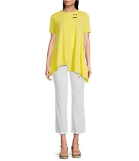 Calessa Petite Size Textured Knit Scoop Neck Short Sleeve Asymmetric Hem Tunic