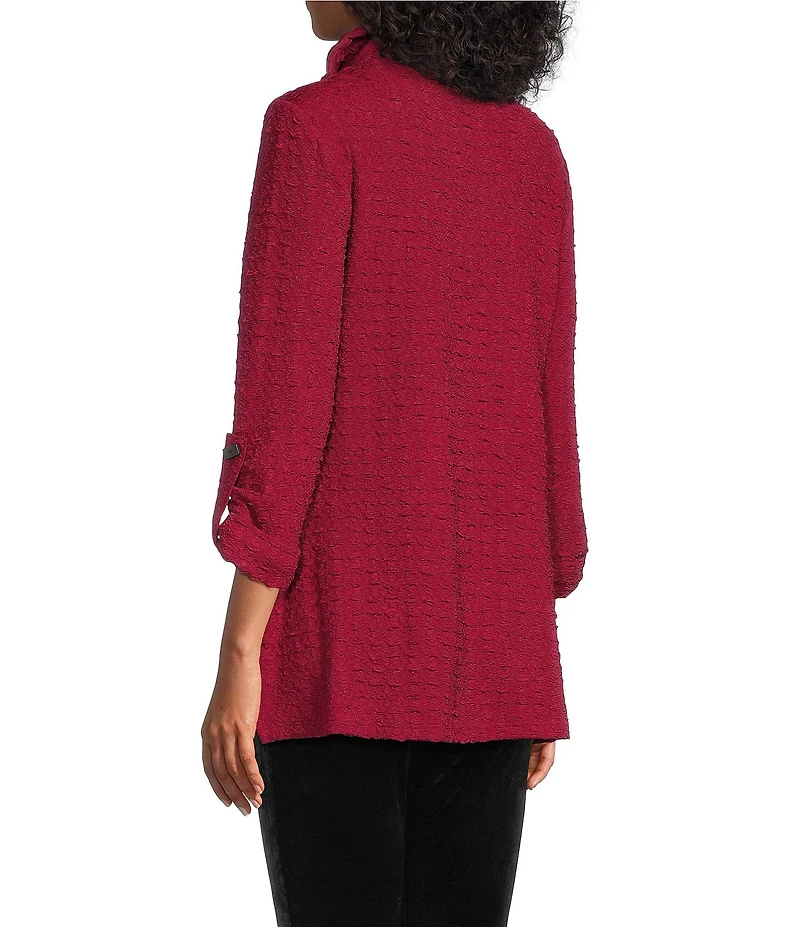 Calessa Petite Size Textured Rib Yarn-Dye Knit Wire Collar 3/4 Roll-Tab Sleeve Quarter Zip-Up Tunic