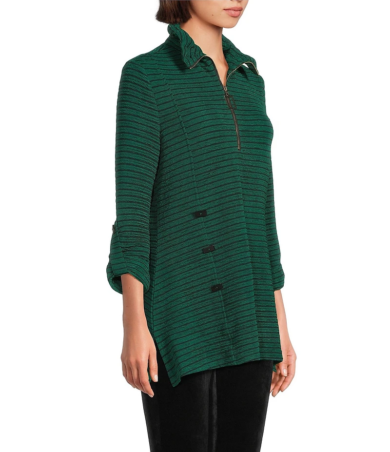 Calessa Petite Size Textured Rib Yarn-Dye Wire Collar 3/4 Roll-Tab Sleeve Quarter Zip-Up Tunic