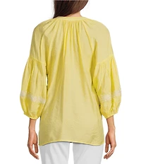 Calessa Petite Size Textured Woven Embroidered Split V-Neck 3/4 Sleeve Tunic