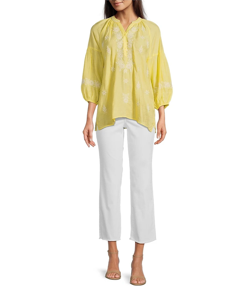 Calessa Petite Size Textured Woven Embroidered Split V-Neck 3/4 Sleeve Tunic