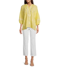 Calessa Petite Size Textured Woven Embroidered Split V-Neck 3/4 Sleeve Tunic