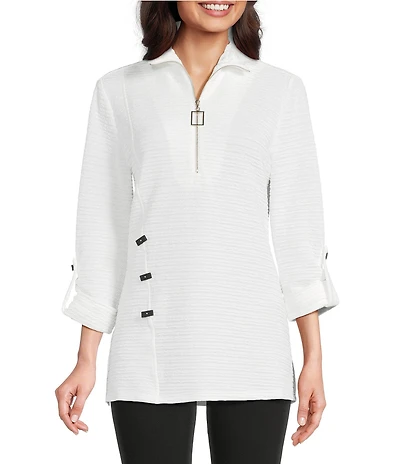 Calessa Petite Size Textured Yarn-Dye Knit Wire Collar 3/4 Roll-Tab Sleeve Quarter Zip-Up Tunic