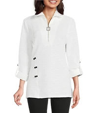 Calessa Petite Size Textured Yarn-Dye Knit Wire Collar 3/4 Roll-Tab Sleeve Quarter Zip-Up Tunic