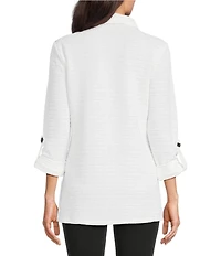 Calessa Petite Size Textured Yarn-Dye Knit Wire Collar 3/4 Roll-Tab Sleeve Quarter Zip-Up Tunic