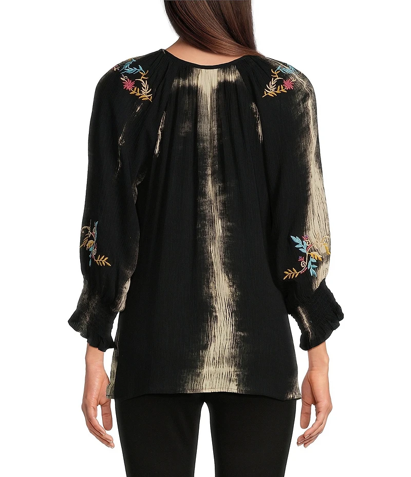 Calessa Petite Size Tie Dye Embroidered Split-V Neckline Top