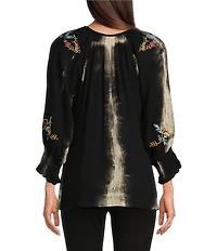 Calessa Petite Size Tie Dye Embroidered Split-V Neckline Top