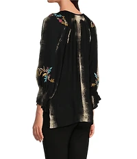 Calessa Petite Size Tie Dye Embroidered Split-V Neckline Top