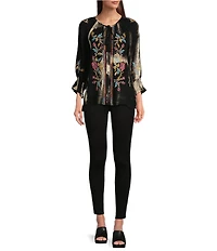 Calessa Petite Size Tie Dye Embroidered Split-V Neckline Top