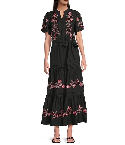 Calessa Petite Size V-Neck Short Balloon Sleeve Comfort Tiered Floral Embroidered Midi Dress