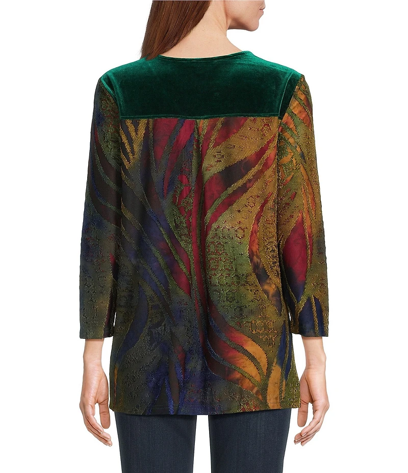 Calessa Petite Size Velvet Embroidered Burnout Tie-Dye Knit V-Neck 3/4 Sleeve Tunic