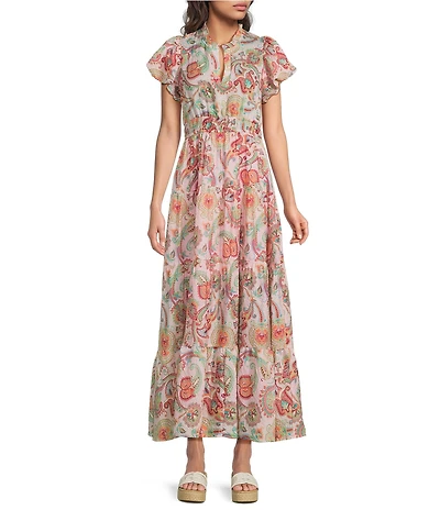 Calessa Petite Size Vine Floral Split V-Neck Short Puff Sleeve Tiered A-Line Midi Dress
