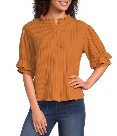 Calessa Petite Size Woven Band Collar Elbow Length Sleeve Button Front Shirt