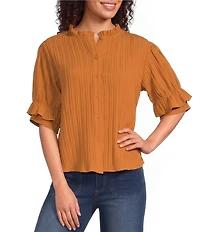 Calessa Petite Size Woven Band Collar Elbow Length Sleeve Button Front Shirt