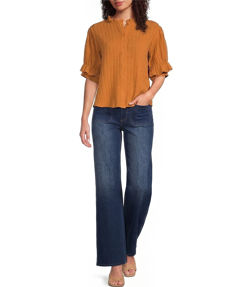 Calessa Petite Size Woven Band Collar Elbow Length Sleeve Button Front Shirt