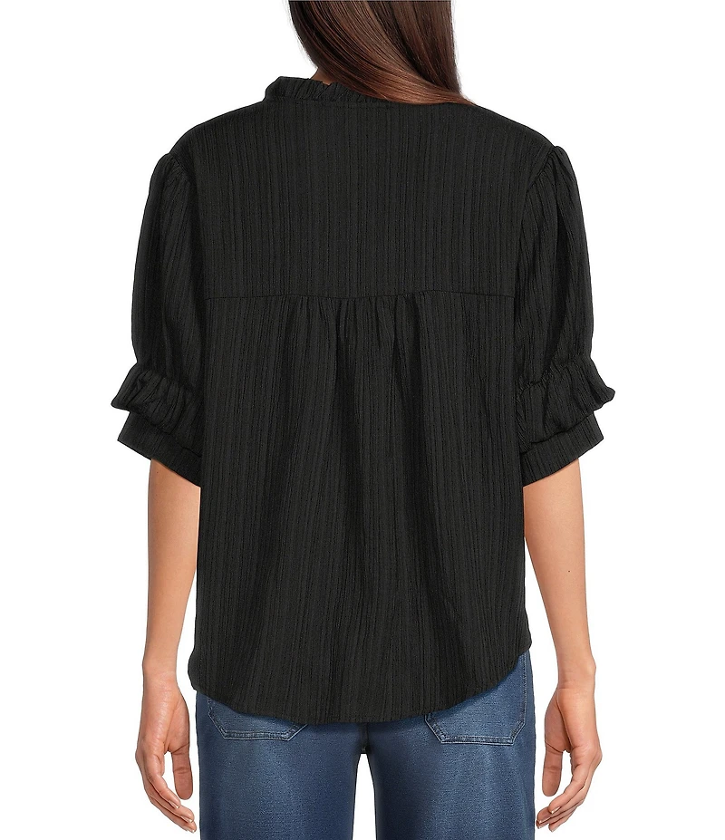 Calessa Petite Size Woven Band Ruffle Collar Elbow Length Ruffle Sleeve Button Front Shirt
