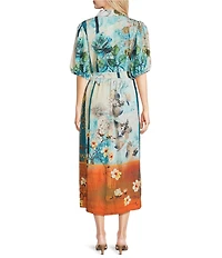 Calessa Petite Size Woven Border Leaf Print Point collar Elbow Sleeve Button-Front Midi Dress