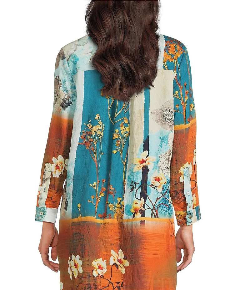 Calessa Petite Size Woven Border Leaves Print Point Collar Long Sleeve Button Front Duster Tunic