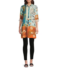 Calessa Petite Size Woven Border Leaves Print Point Collar Long Sleeve Button Front Duster Tunic