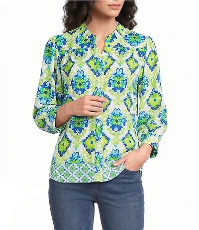 Calessa Petite Size Woven Border Mosaic Patchwork Split Neck 3/4 Sleeve Tunic
