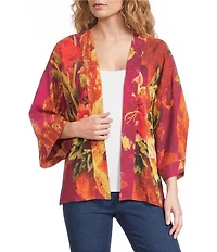 Calessa Petite Size Woven Digital Print Drape Collar Open-Front 3/4 Sleeve Kimono
