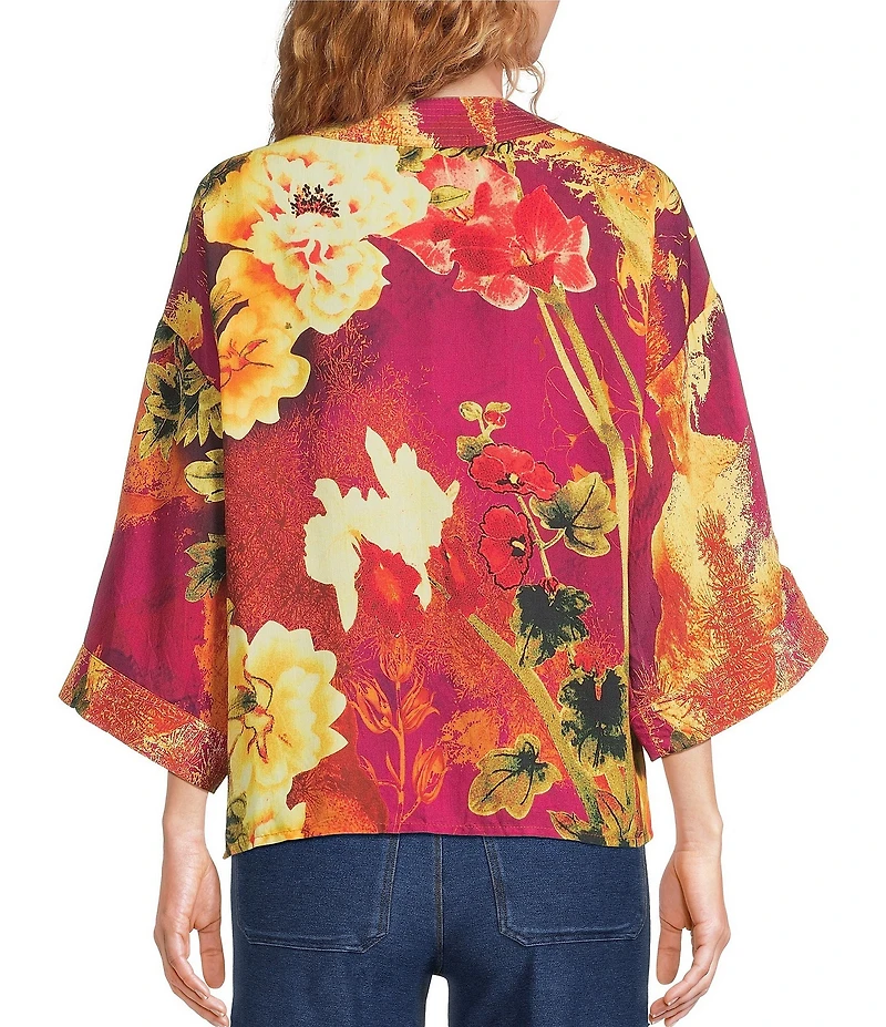 Calessa Petite Size Woven Digital Print Drape Collar Open-Front 3/4 Sleeve Kimono