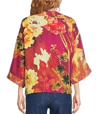 Calessa Petite Size Woven Digital Print Drape Collar Open-Front 3/4 Sleeve Kimono