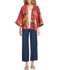 Calessa Petite Size Woven Digital Print Drape Collar Open-Front 3/4 Sleeve Kimono