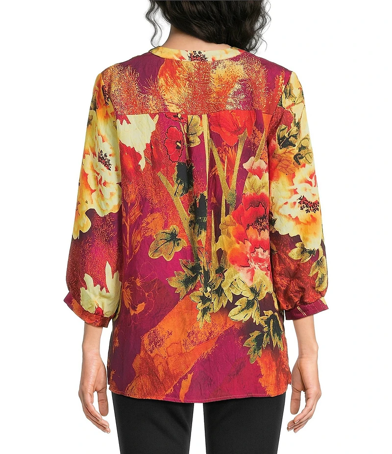Calessa Petite Size Woven Digital Print V-Neck 3/4 Sleeve Tunic