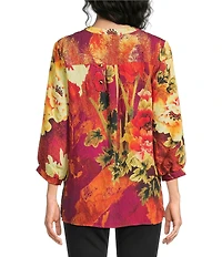 Calessa Petite Size Woven Digital Print V-Neck 3/4 Sleeve Tunic