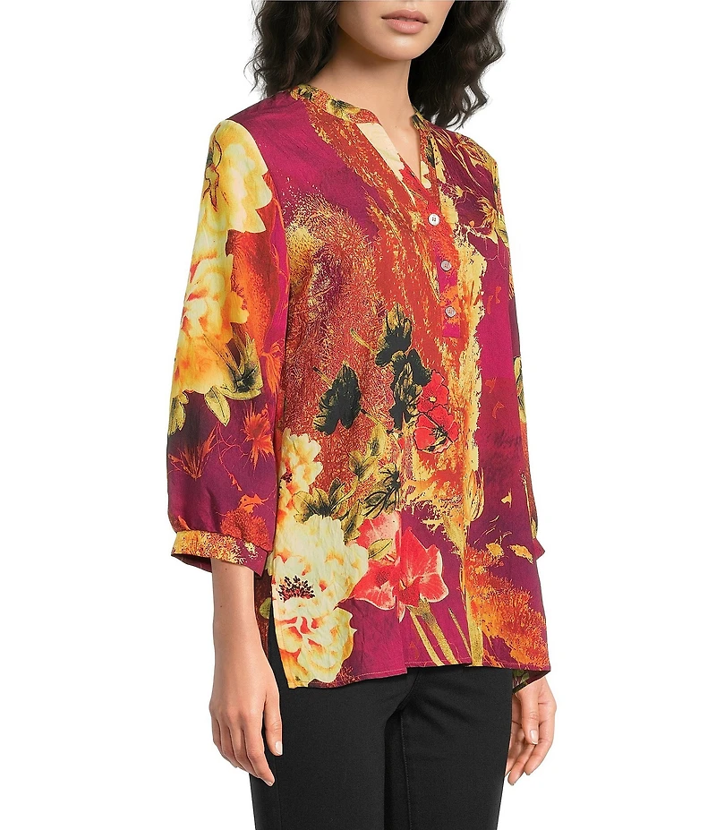 Calessa Petite Size Woven Digital Print V-Neck 3/4 Sleeve Tunic