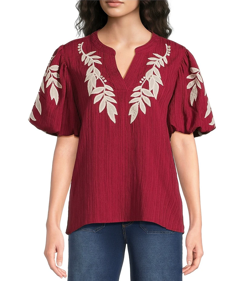 Calessa Petite Size Woven Embroider Leaf Split V-Neck Elbow Length Puff Sleeve Top