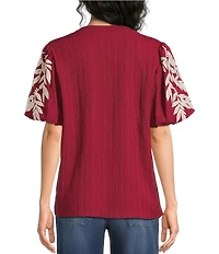 Calessa Petite Size Woven Embroider Leaf Split V-Neck Elbow Length Puff Sleeve Top