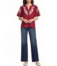 Calessa Petite Size Woven Embroider Leaf Split V-Neck Elbow Length Puff Sleeve Top