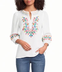 Calessa Petite Size Woven Embroidered Patchwork Stand Split V-Neck 3/4 Sleeve Tunic